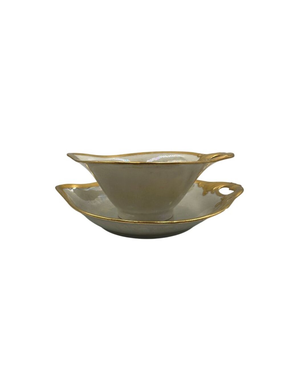 Vintage Iridescent Gravy Boat With Plate Gold Trim Elegant Porcelain Dishware